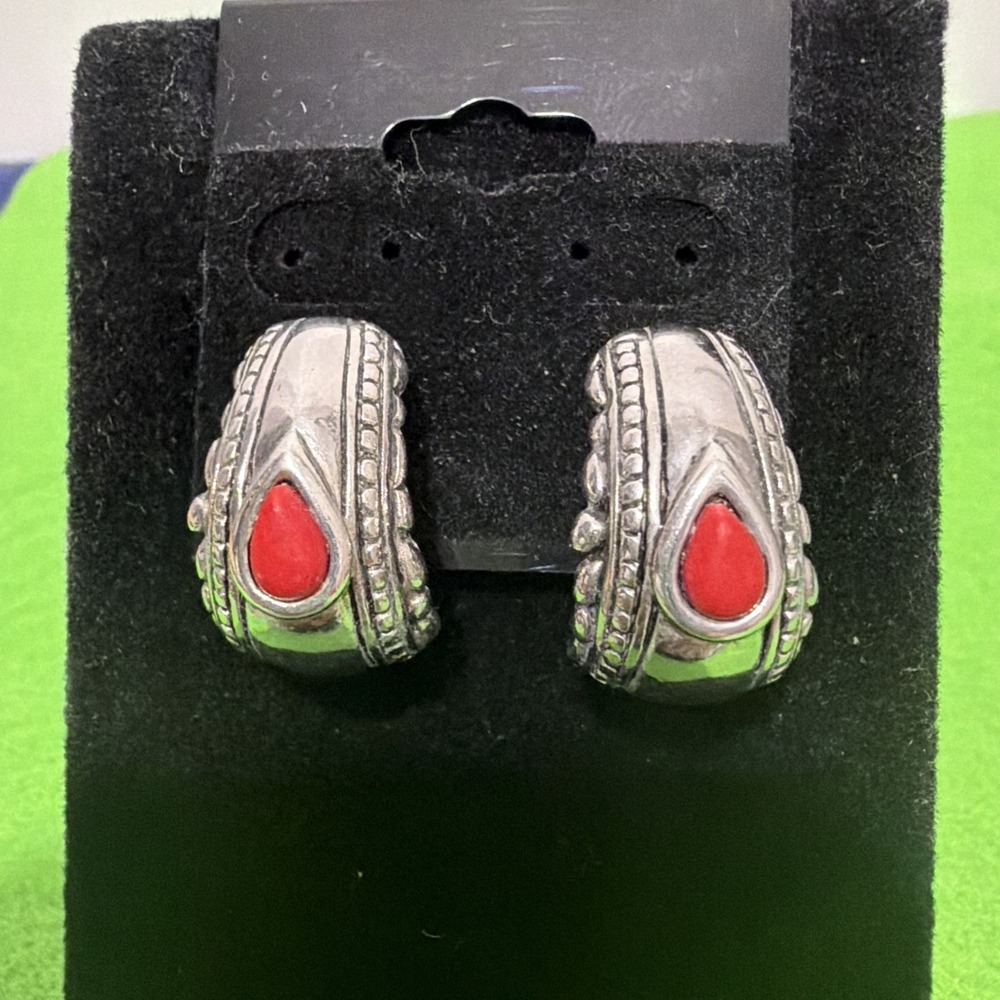 Premier Designs Vintage Silver Tone Southwestern Faux Coral Half Hoop Earrings